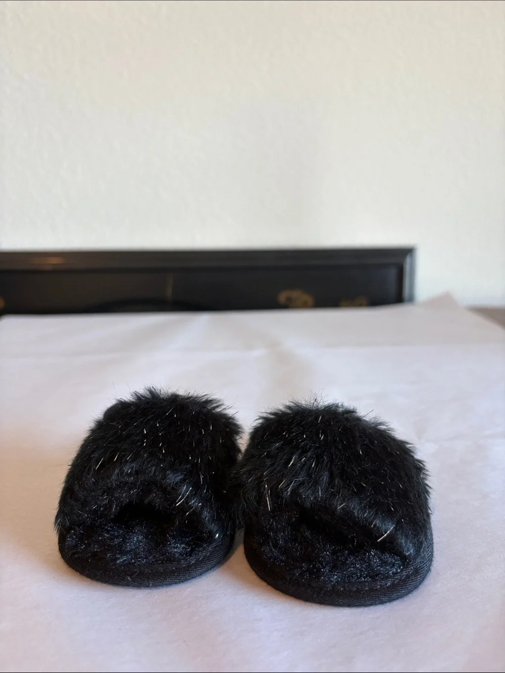 Black faux fur with silver tinsel newborn shoes